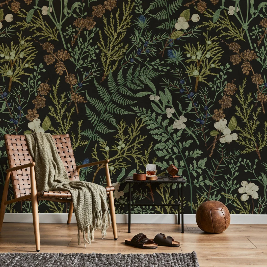 Vintage Dark Botanical Wallpaper, Peel and Stick Wallpaper, Removable Wallpaper