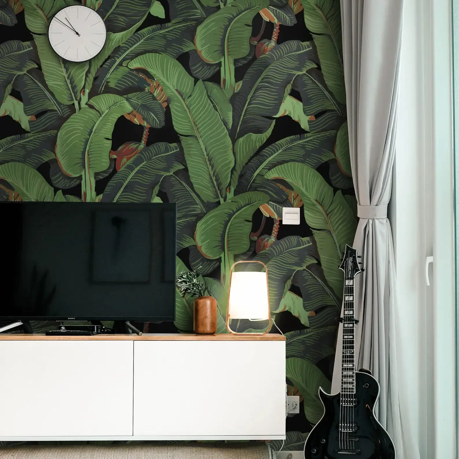 Banana Leaf Tropical Rainforest Wallpaper, Green Leaves Print Palm Tree Jungle Print Boho Decor