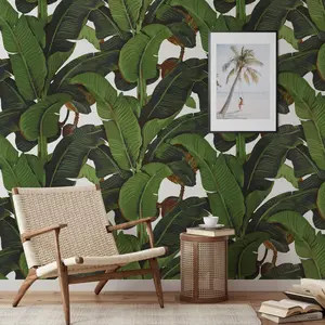 Banana Leaf Tropical Rainforest Wallpaper, Green Leaves Print Palm Tree Jungle Print Boho Decor