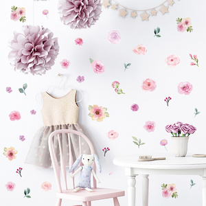 Watercolor Pink Flowers Wall Decal Blooming Floral Wall Sticker for Girls Bedroom Wedding Party Decoration