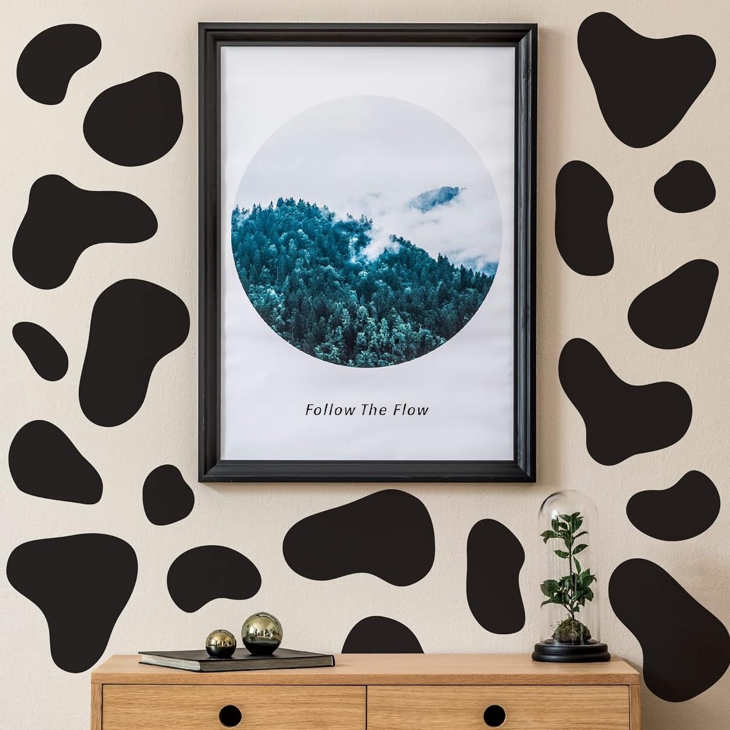 Large Black Vinyl Cow Print Wall Decals Peel and Stick Modern Cow Spot Wall Stickers for Bathroom Bedroom Living Room