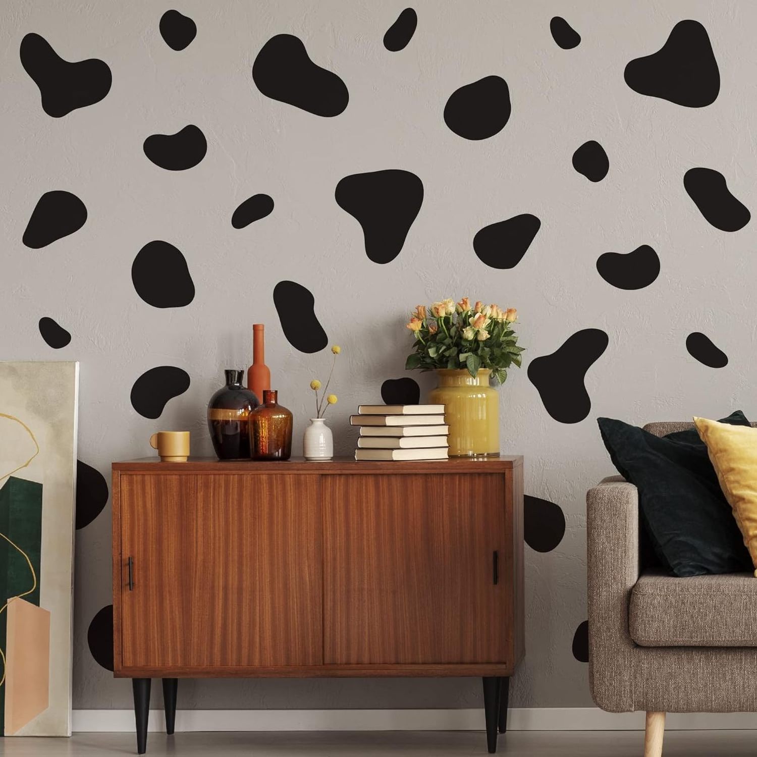 Large Black Vinyl Cow Print Wall Decals Peel and Stick Modern Cow Spot Wall Stickers for Bathroom Bedroom Living Room