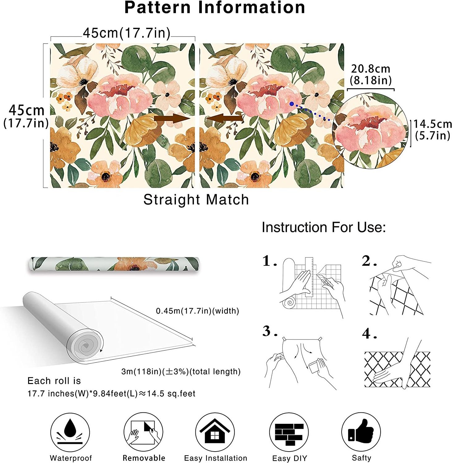 Vintage Boho Floral Peel and Stick Wallpaper Peonies Removable Rose Vinyl Self Adhesive Mural Wallpapers