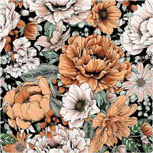 Vintage Peel and Stick Floral Wallpaper Removable Large Peony Black Orange Pink Vinyl Self Adhesive Mural 17.7in x 9.8ft