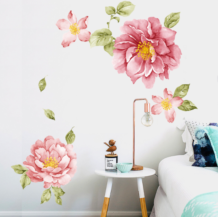 Peony Flower Wall Stickers - Vintage Watercolour -Removable Wall Decals