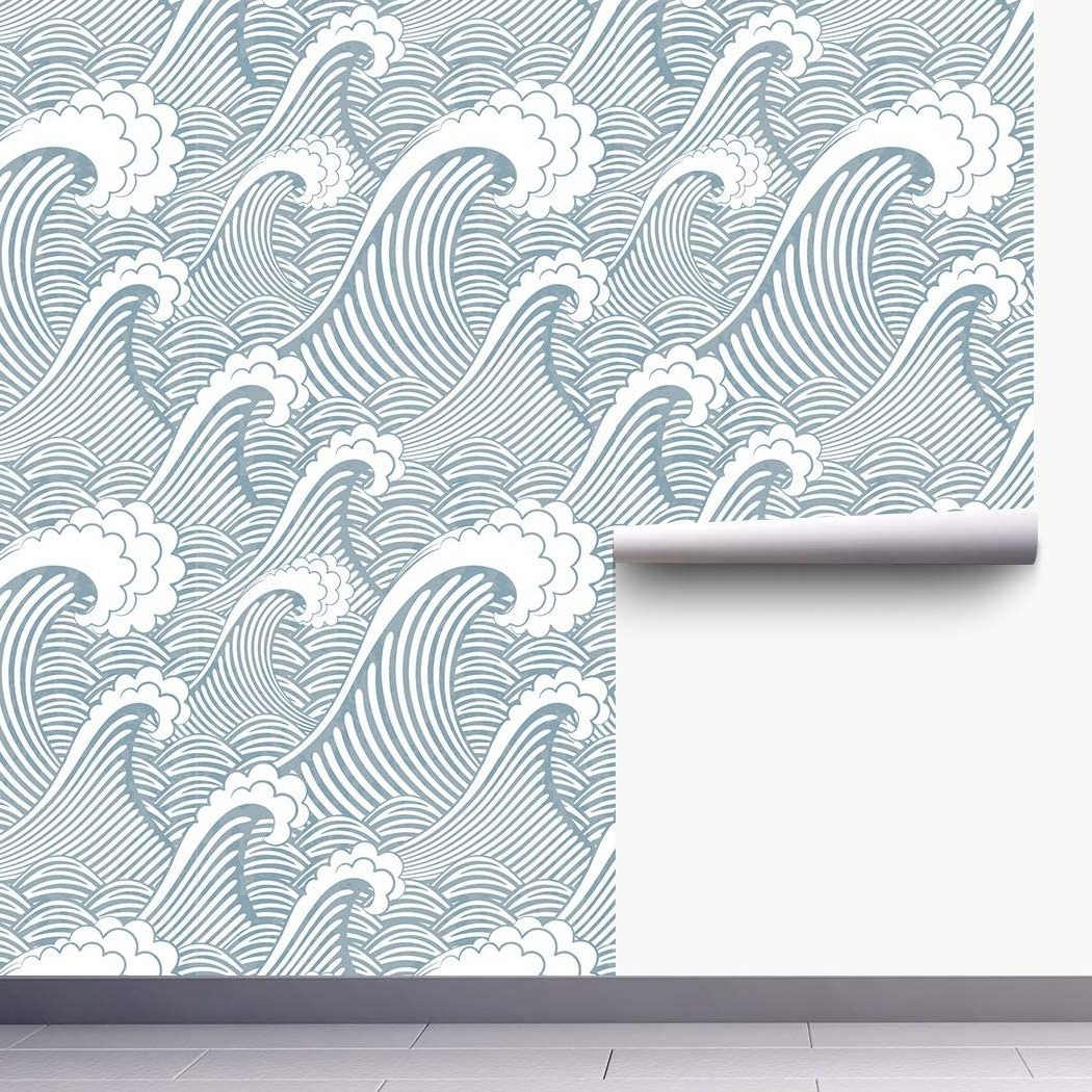 Peel and Stick Removable Seamless Blue White Waves Spray Self-Adhesive Pre Pasted Wallpaper Wall Mural