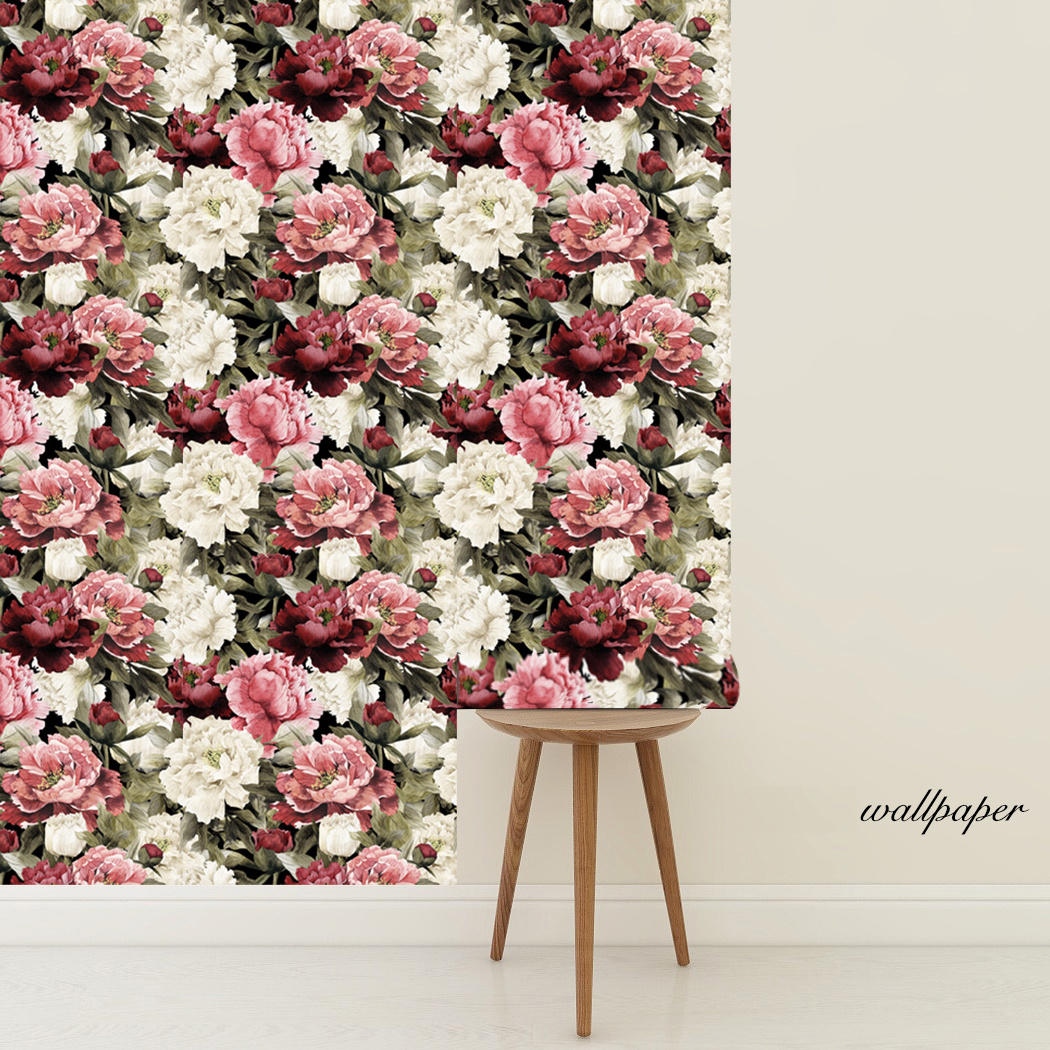 Vintage Large Floral Peel and Stick Wallpaper Removable Peony Leaf Black Vinyl Self Adhesive Mural