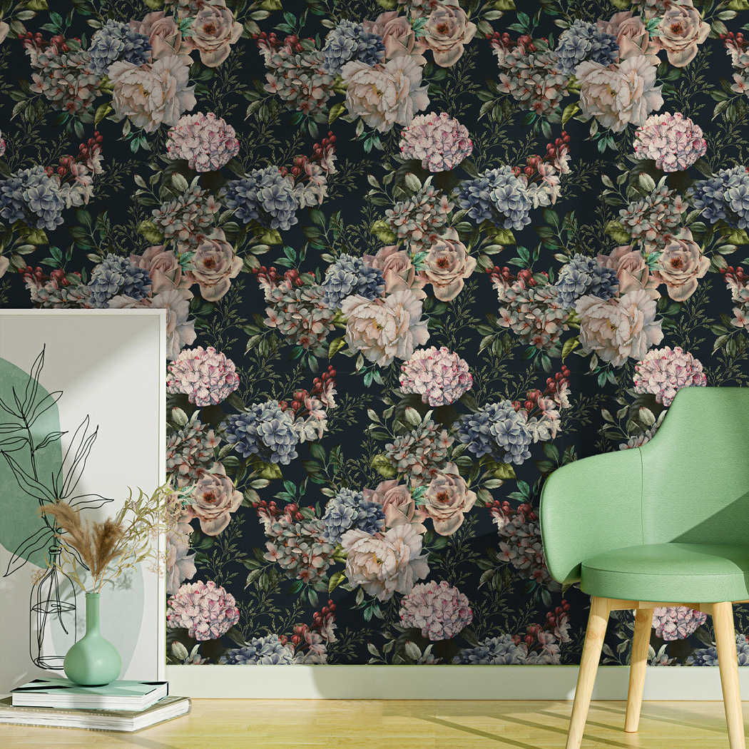 Dark floral vintage self-adhesive wallpaper, Botanical Wallpaper Peel and Stick Flower Wallpaper