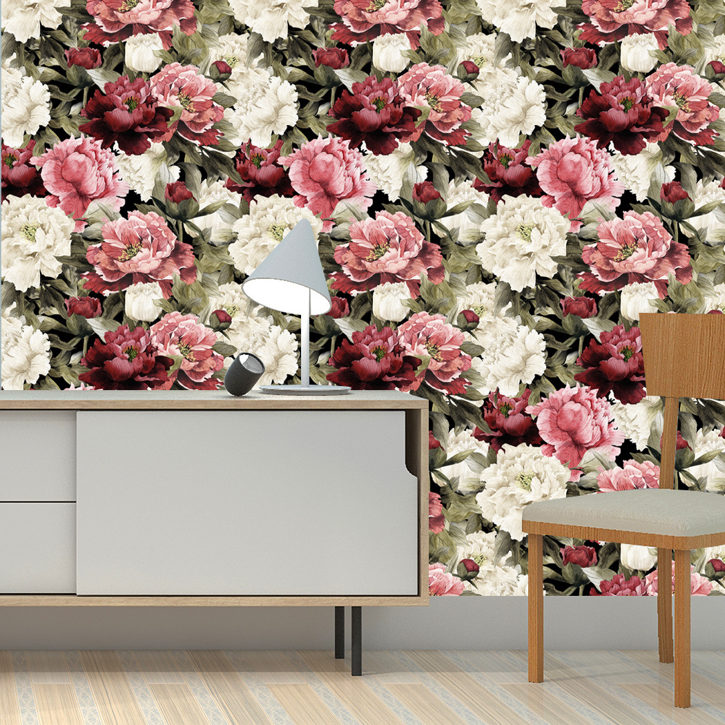 Vintage Large Floral Peel and Stick Wallpaper Removable Peony Leaf Black Vinyl Self Adhesive Mural