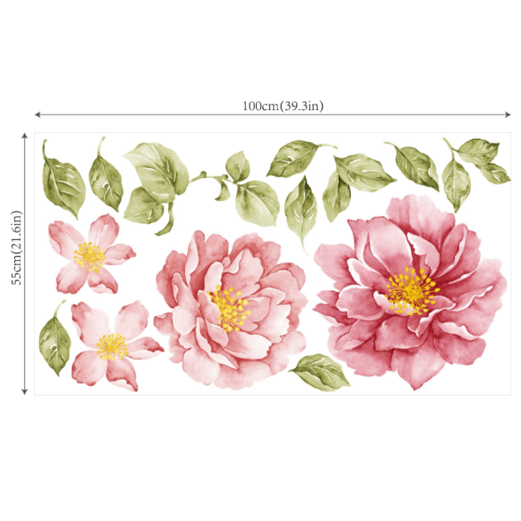 Peony Flower Wall Stickers - Vintage Watercolour -Removable Wall Decals