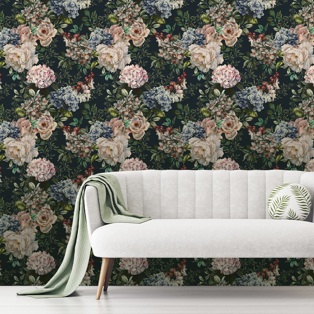 Dark floral vintage self-adhesive wallpaper, Botanical Wallpaper Peel and Stick Flower Wallpaper