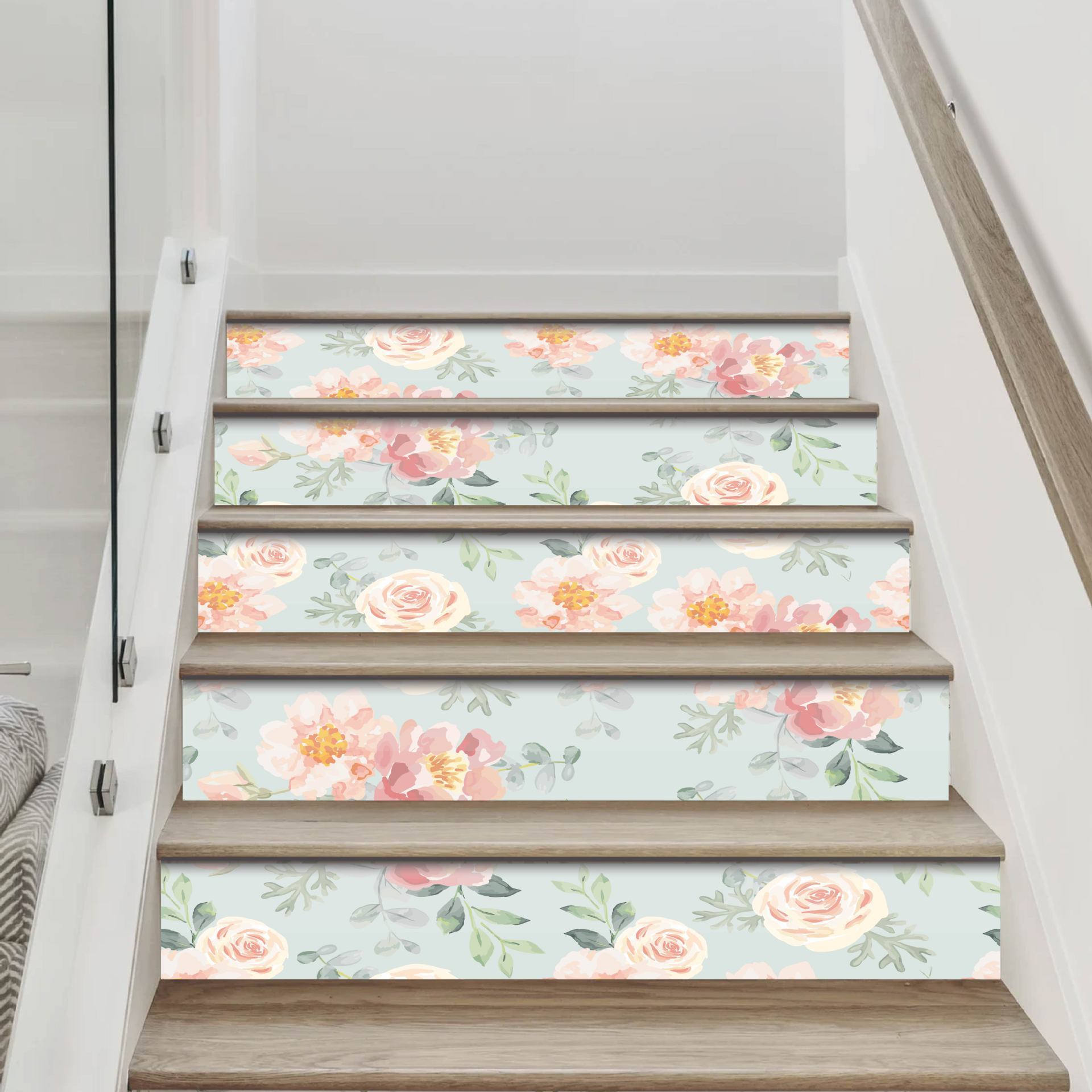 5 PCS Peel and Stick Floral Stair Stickers, Self Adhesive Vinyl Stair Risers Decals, Staircase Murals Decor