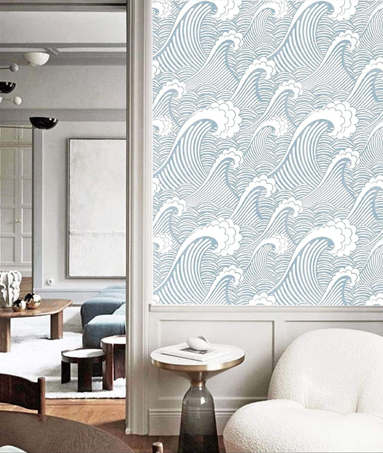 Peel and Stick Removable Seamless Blue White Waves Spray Self-Adhesive Pre Pasted Wallpaper Wall Mural