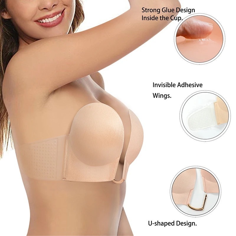 Silicone Plus Size Sticky Breast Push up Breathablestrapless Breast Self Lift Backless Invisible Lifting Adhesive Bra Woven