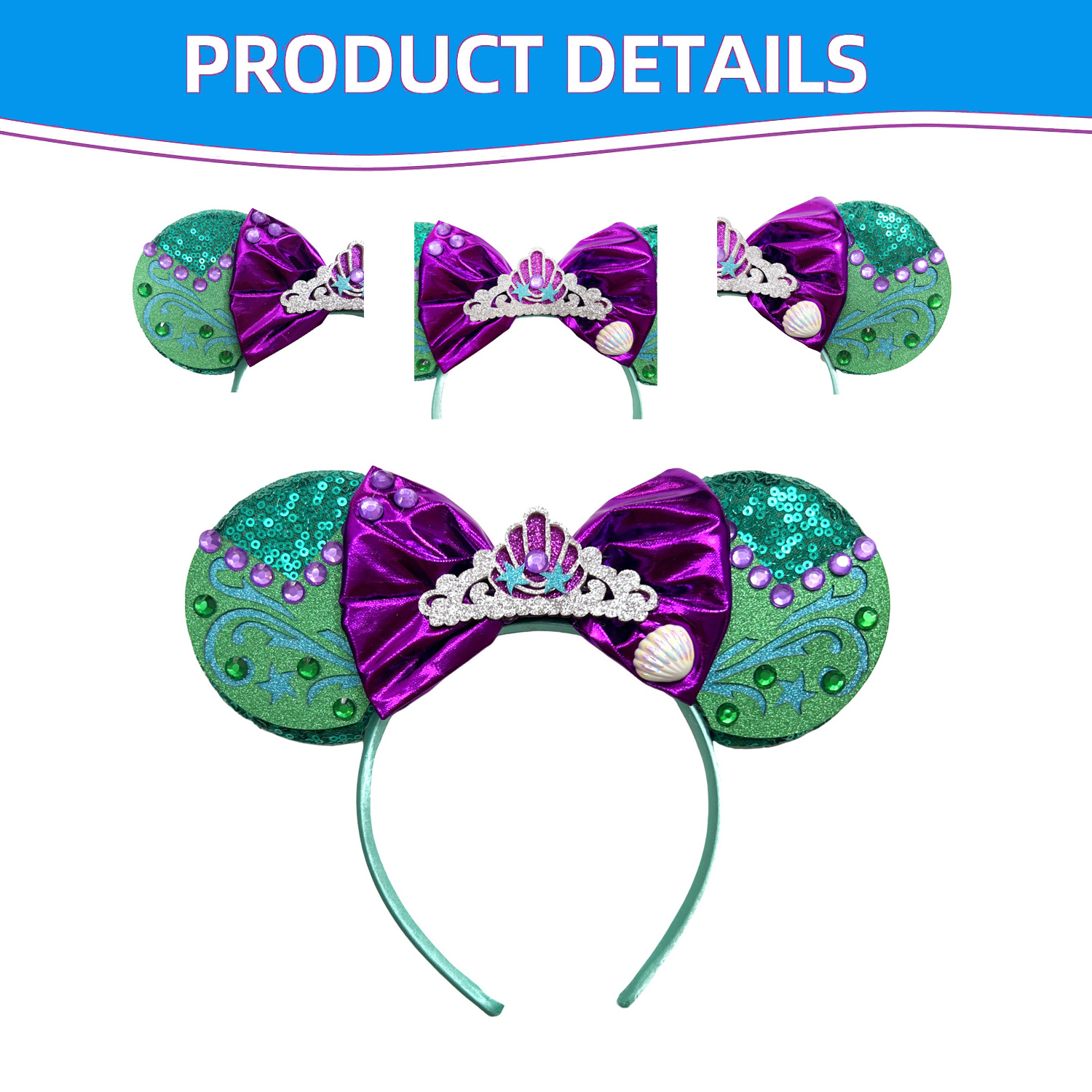 Mermaid Mouse Ears Headbands Women Hair Accessories Kids Genie of Cartoon Hair Band Girl Sequins Bow Headwear