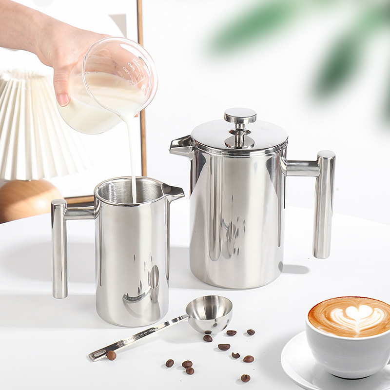 French Press Coffee Pot 304 Stainless Steel Double Wall Straight Handle Coffee Brewing Pot Thermos Kettle