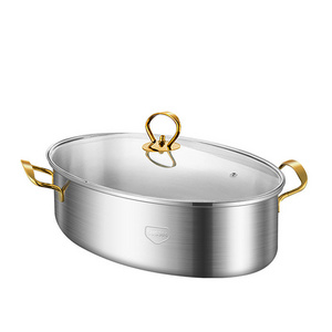 Hot Selling Good Quality Stainless Steel 304/410 Fish Steamer Oval Roasting Cookware Pot 1-layer with Glass Lid