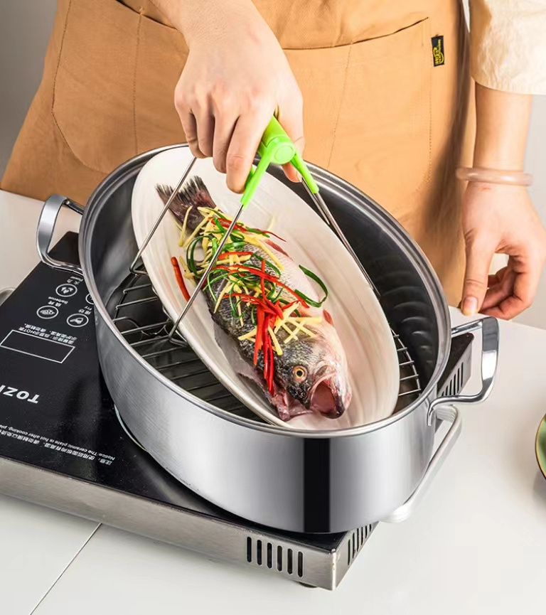 Hot Selling Good Quality Stainless Steel 304/410 Fish Steamer Oval Roasting Cookware Pot 1-layer with Glass Lid