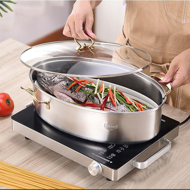 Hot Selling Good Quality Stainless Steel 304/410 Fish Steamer Oval Roasting Cookware Pot 1-layer with Glass Lid