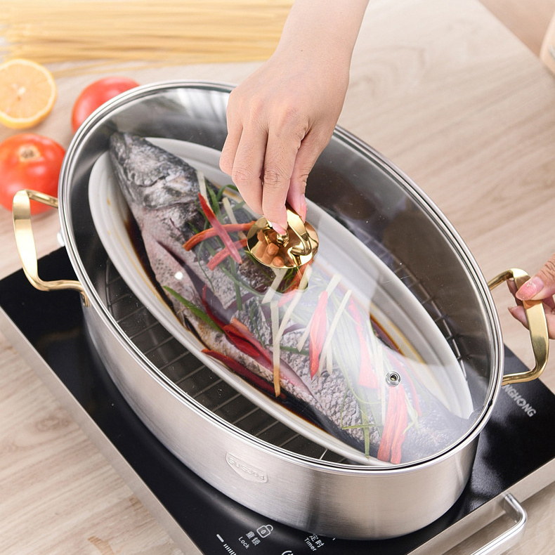 Hot Selling Good Quality Stainless Steel 304/410 Fish Steamer Oval Roasting Cookware Pot 1-layer with Glass Lid