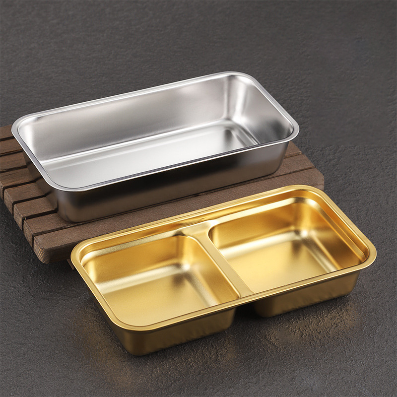 304 Stainless Steel Dish Barbecue Dinner Plate Dipping Golden Compartment Plate Dip Tray Rectangle Box with Lid