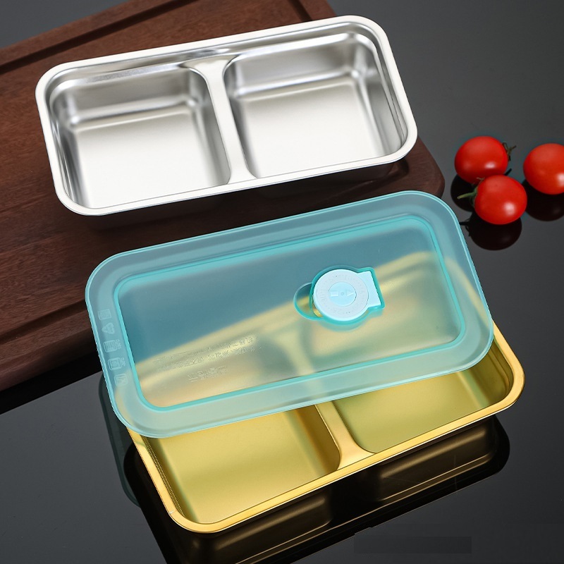 304 Stainless Steel Dish Barbecue Dinner Plate Dipping Golden Compartment Plate Dip Tray Rectangle Box with Lid