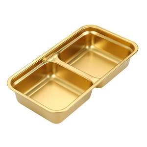 304 Stainless Steel Dish Barbecue Dinner Plate Dipping Golden Compartment Plate Dip Tray Rectangle Box with Lid