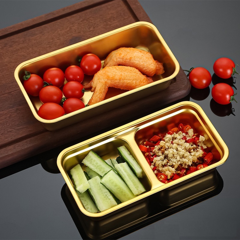 304 Stainless Steel Dish Barbecue Dinner Plate Dipping Golden Compartment Plate Dip Tray Rectangle Box with Lid