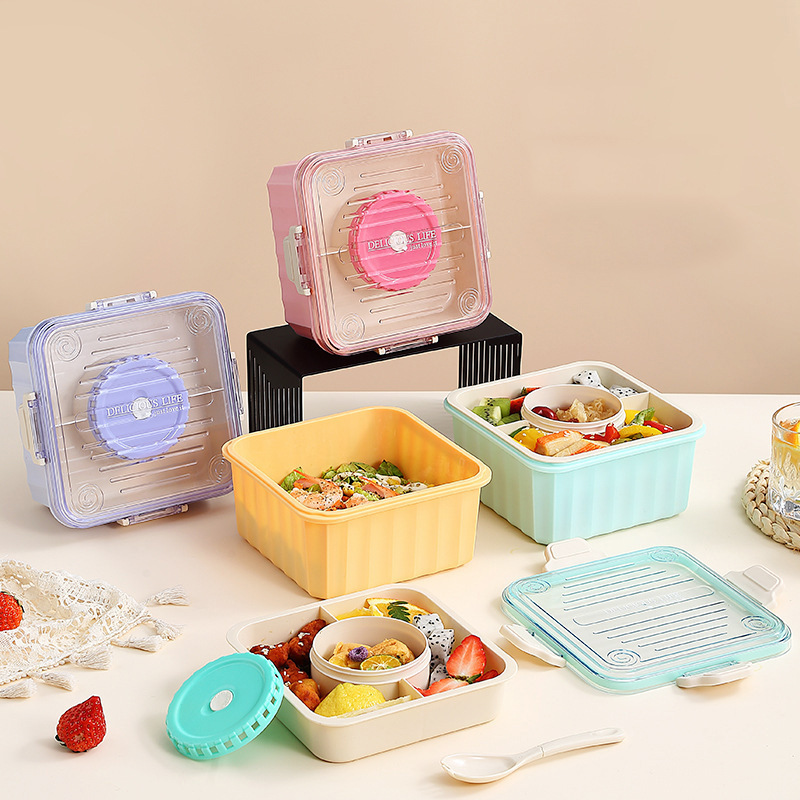 Double Layer Leak Proof Plastic Salad Fruit Box Food Container Bento Lunch Box With Spoon And Soup Bowl