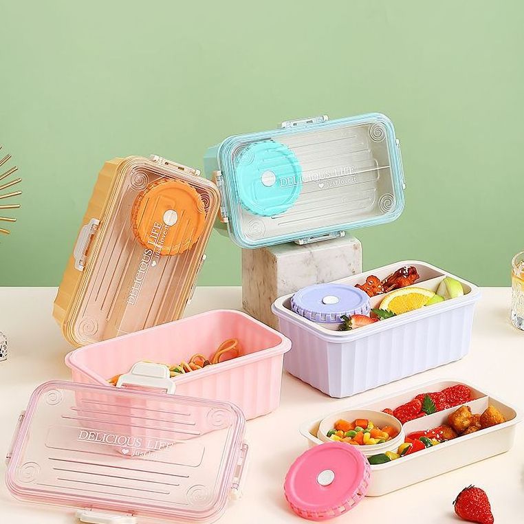 Double Layer Leak Proof Plastic Salad Fruit Box Food Container Bento Lunch Box With Spoon And Soup Bowl