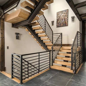 Prefab Indoor Wood Steps Pipe Railing Staircase Metal Stringers Stair For Sale