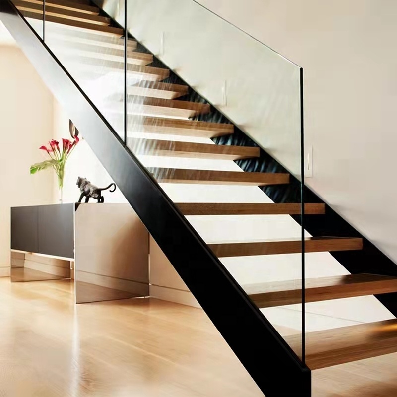 Prefab Indoor Wood Steps Pipe Railing Staircase Metal Stringers Stair For Sale