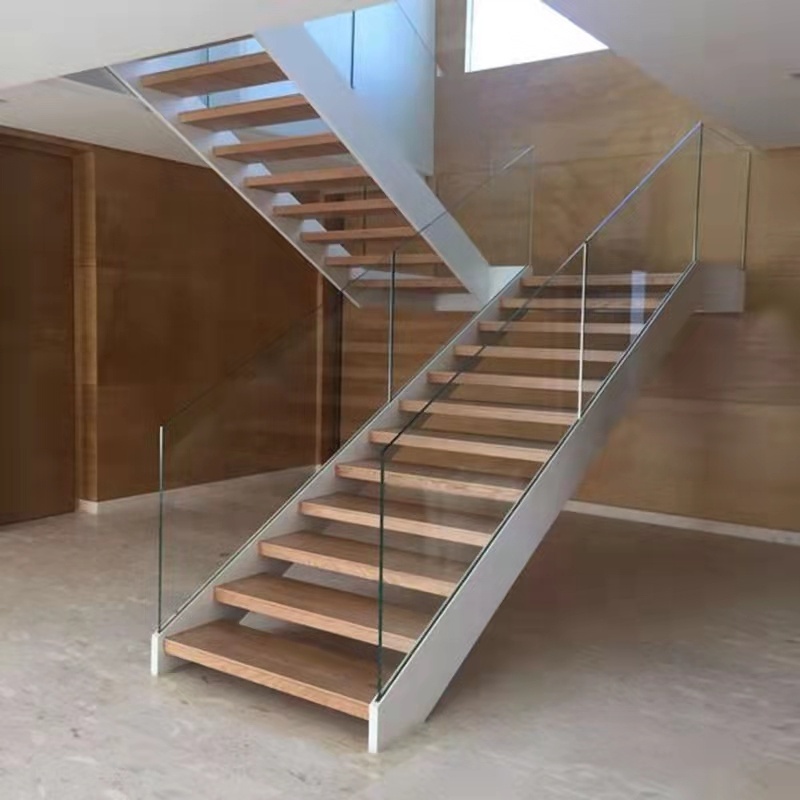 Prefab Indoor Wood Steps Pipe Railing Staircase Metal Stringers Stair For Sale