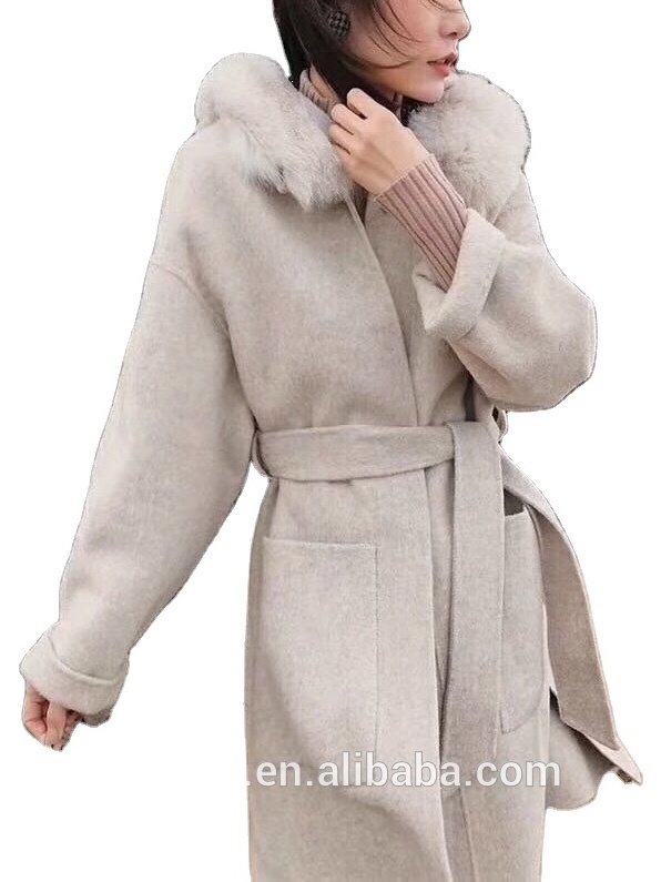 Winter woolen real fox fur collar hooded belted trench double sided wool long coat for women