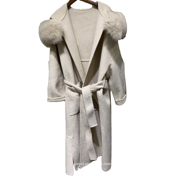 Winter woolen real fox fur collar hooded belted trench double sided wool long coat for women