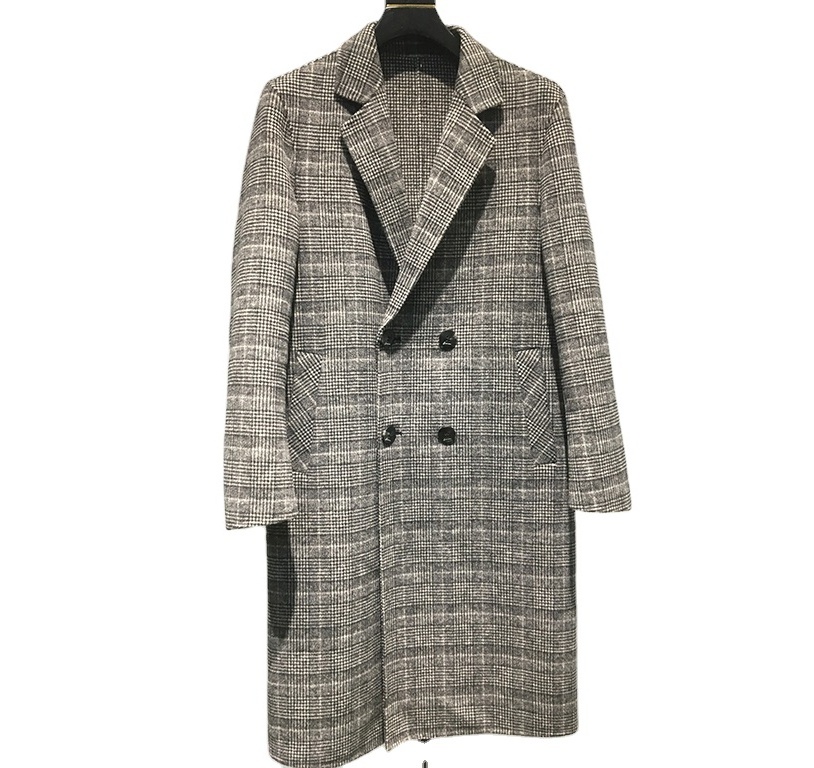 Custom handmade double faced wool cashmere oversize manteau homme long plaid pea coat men