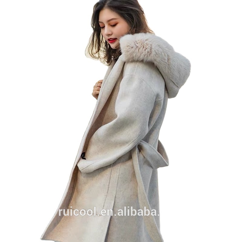 Winter woolen real fox fur collar hooded belted trench double sided wool long coat for women