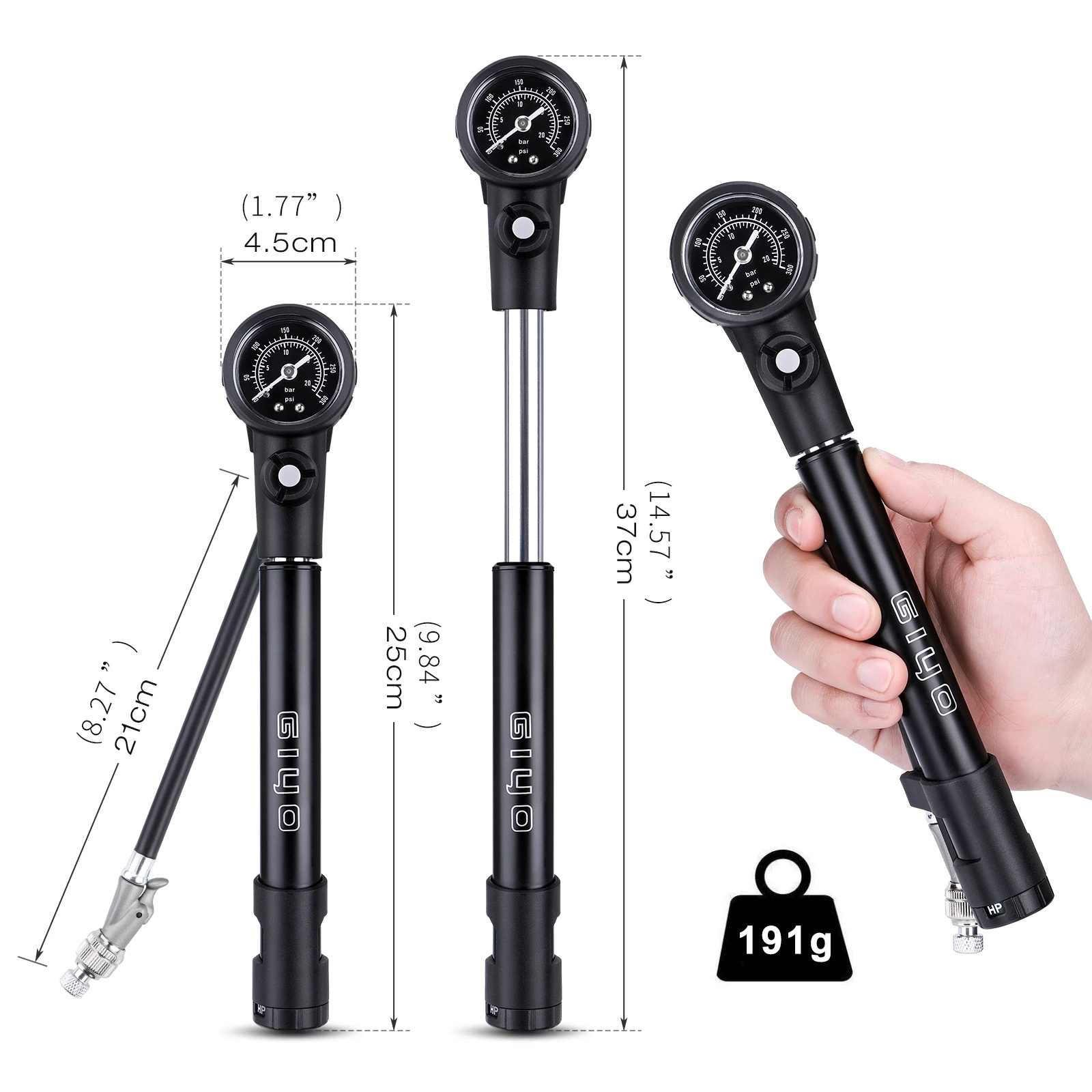 Bicycle Pump Fork Tire Switchable HP and HV Mini Shock Pump With Schrader Presta Valve Adapter