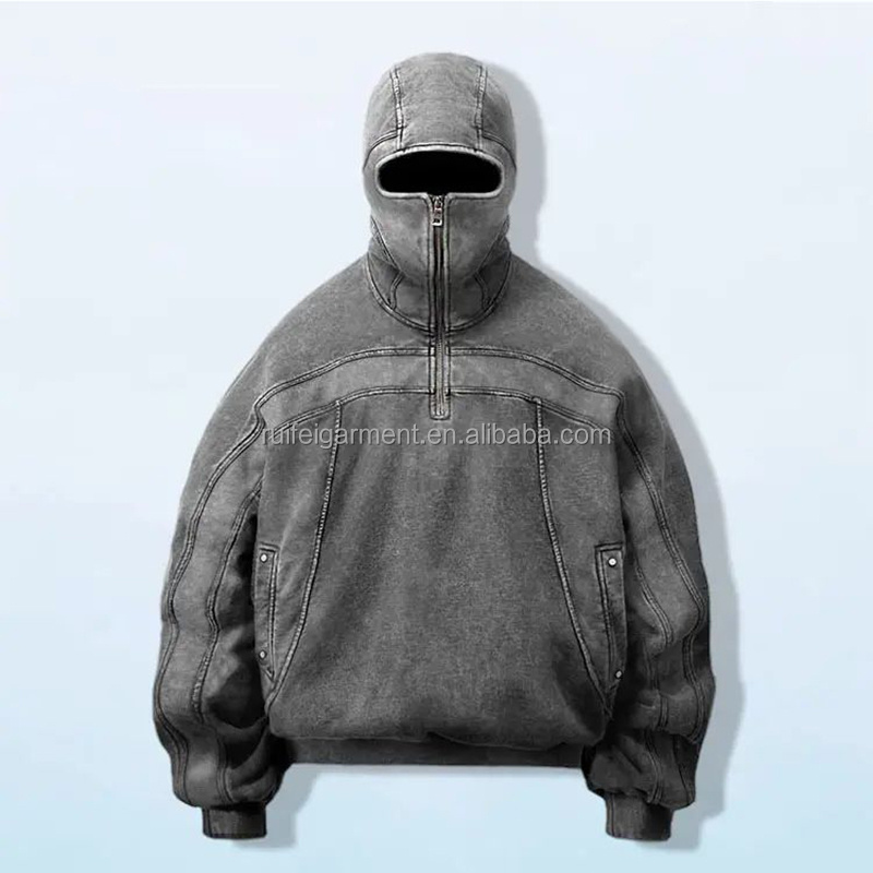 manufacturer high quality drop shoulder vintage blank hooded sweater custom men acid wash full face zip up hoodie with eye holes