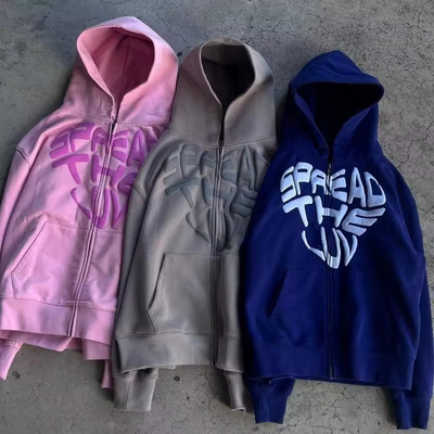 High Quality Custom 100% Cotton 400Gsm French Terry Puff Print Hoodies Satin Lined Y2k Zip Up Puff Printing Hoodie