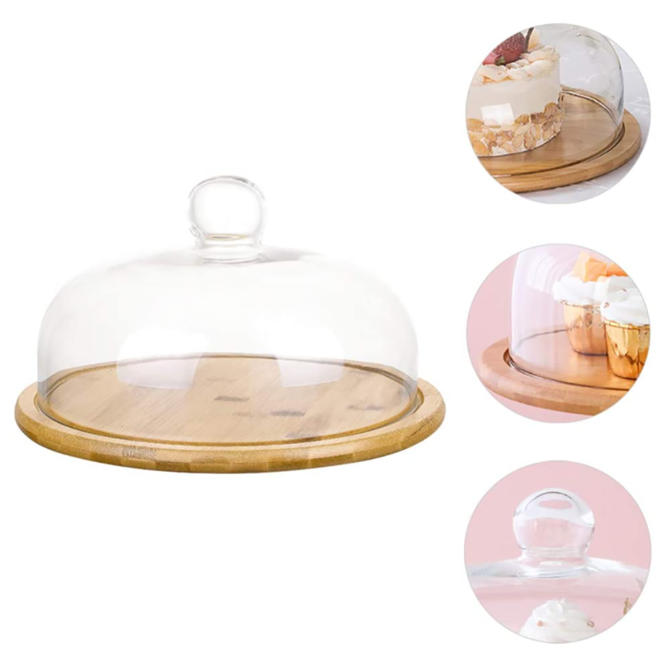 New Design Wooden Cake Stand With Glass Dome Wholesale Cake Tools Kitchen Accessories Table Top Wood Cake Cover