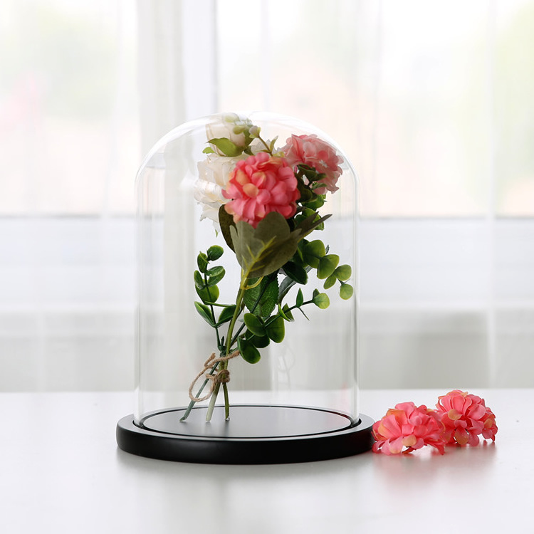 customize clear U-shape glass dome wholesale high quality cloche bell jar with black/white wooden base for display glass dome