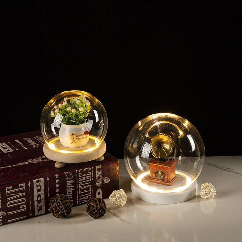 Wholesale Display Decorative Jar Container Glass Dome Cloche Christmas Led Light Glass Cover With Wooden Base