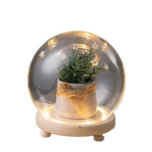 Wholesale Display Decorative Jar Container Glass Dome Cloche Christmas Led Light Glass Cover With Wooden Base