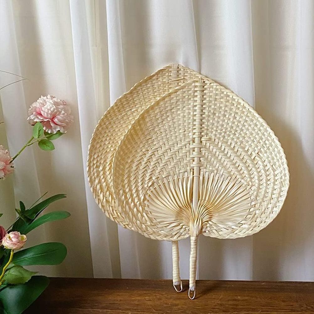 Natural Viet Nam Bamboo Craft Weave Hand Fan Heart/ Handwoven Personalized Palm Hand Fans Rattan Raffia Fan