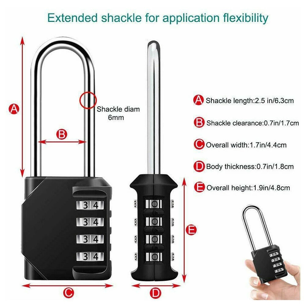 4 Digit Long Shackle Resettable Pad Lock for Outdoor Gate, Shed, Fence, Hasp Storage, Gym Locker