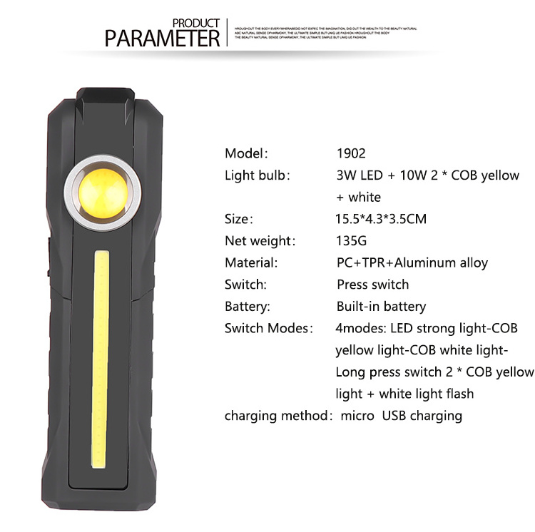 Rechargeable Led Work Light Super Bright COB Portable Work Flashlight LED Inspection Light for Car Repair Home Emergency Camping