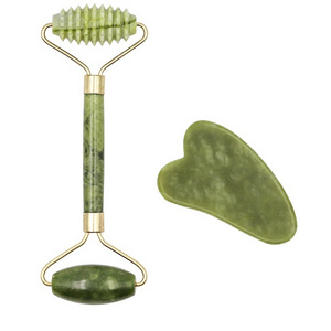 High Quality Green Jade Roller Face Massage Roller Jade Guasha Stone Hot Selling Jade Roller Guasha Set