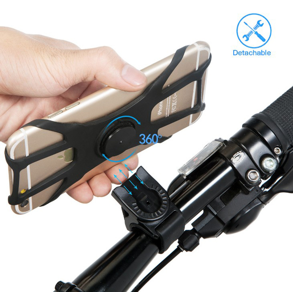 360 Degree Rotatable Adjustable Silicone Bicycle Detachable Bike Phone Mount for Universal Bike Handlebar Cell Phone Cradle