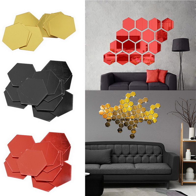 12PCS Hexagon Shape Acrylic Mirror Wall Sticker Background Wall Decoration Living Room Modern Geometric Design Mirror Stickers